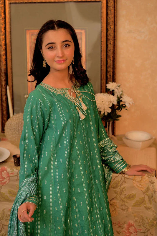 Picture of GBD-02891 | Turquoise Green & Gold | Casual Plus 3 Piece Suit | Viscose Cotton Filament Jacquard - Available at Raja Sahib