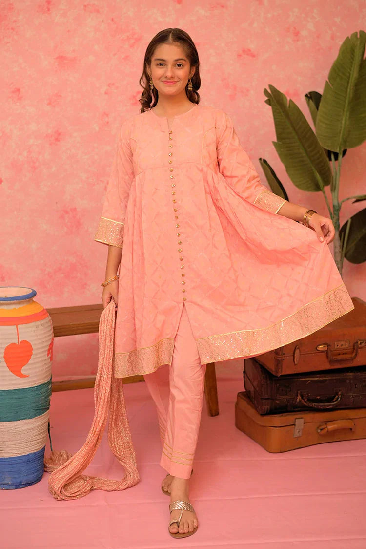 Picture of GBD-02899 | Peach & Gold | Casual Plus 3 Piece Suit | Viscose Filament Jacquard - Available at Raja Sahib