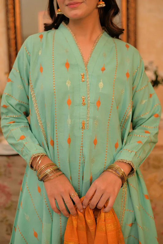 Picture of <!--aws-->GBD-02932 | Sea Green & Multicolor | Casual Plus 3 Piece Suit | Cotton Jacquard - Available at Raja Sahib