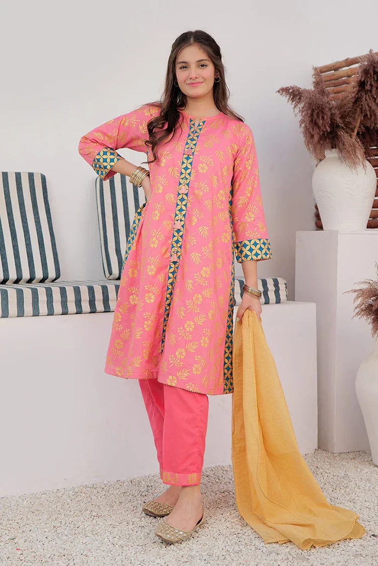 Picture of <!--apa-->GBD-02980 | Peach & Gold | Casual Plus 3 Piece Suit | Cotton Dobby Gold Print - Available at Raja Sahib