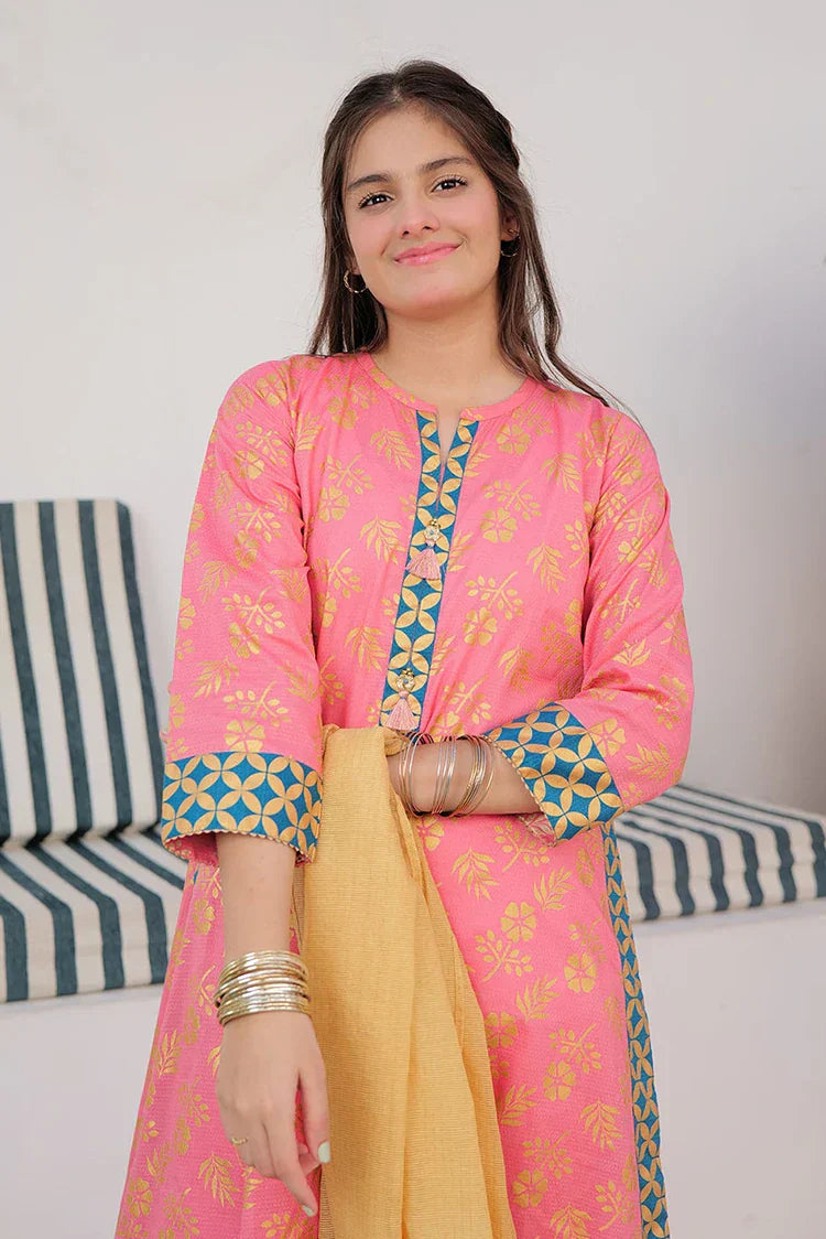 Picture of <!--apa-->GBD-02980 | Peach & Gold | Casual Plus 3 Piece Suit | Cotton Dobby Gold Print - Available at Raja Sahib