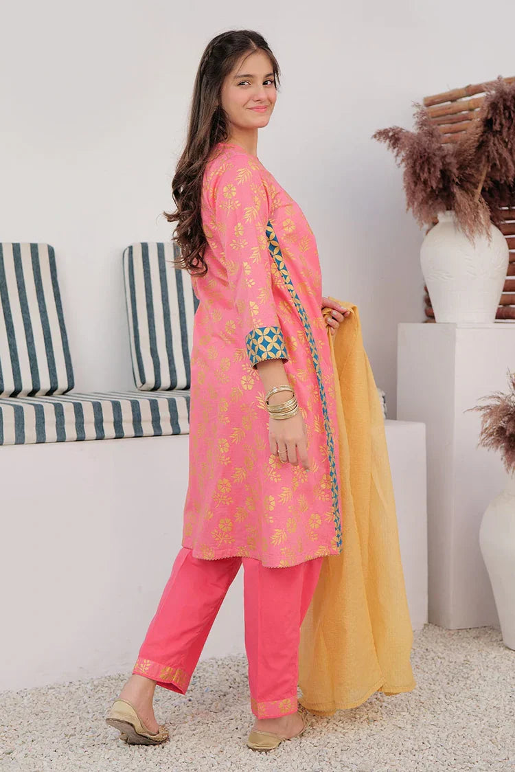 Picture of <!--apa-->GBD-02980 | Peach & Gold | Casual Plus 3 Piece Suit | Cotton Dobby Gold Print - Available at Raja Sahib