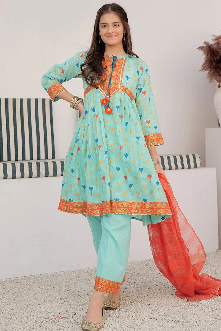 Picture of <!--aoh-->GBD-03003 | Sea Green & Muliticolor | Casual Plus 3 Piece Suit | Cotton Dobby Dye over Gold Print - Available at Raja Sahib