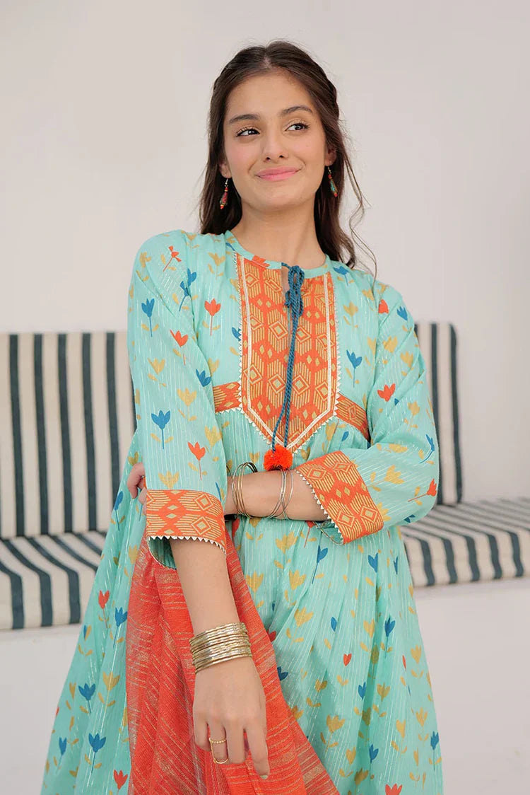 Picture of <!--aoh-->GBD-03003 | Sea Green & Muliticolor | Casual Plus 3 Piece Suit | Cotton Dobby Dye over Gold Print - Available at Raja Sahib