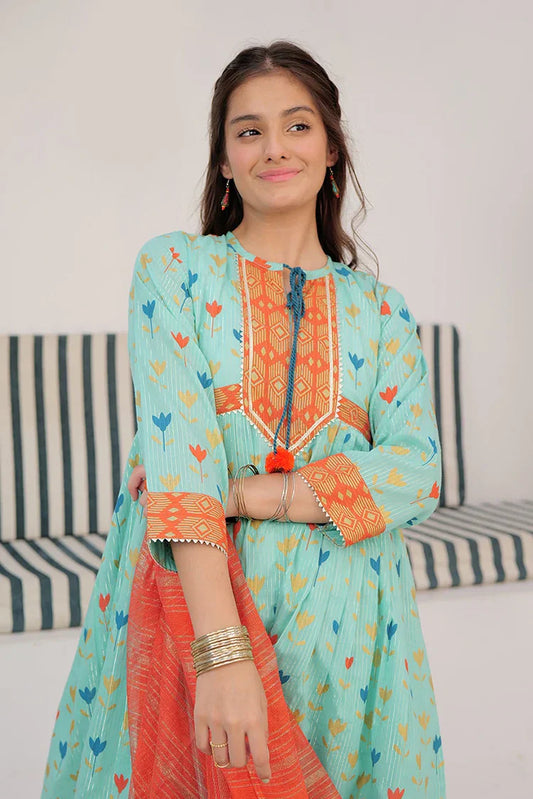 Picture of <!--aoh-->GBD-03003 | Sea Green & Muliticolor | Casual Plus 3 Piece Suit | Cotton Dobby Dye over Gold Print - Available at Raja Sahib