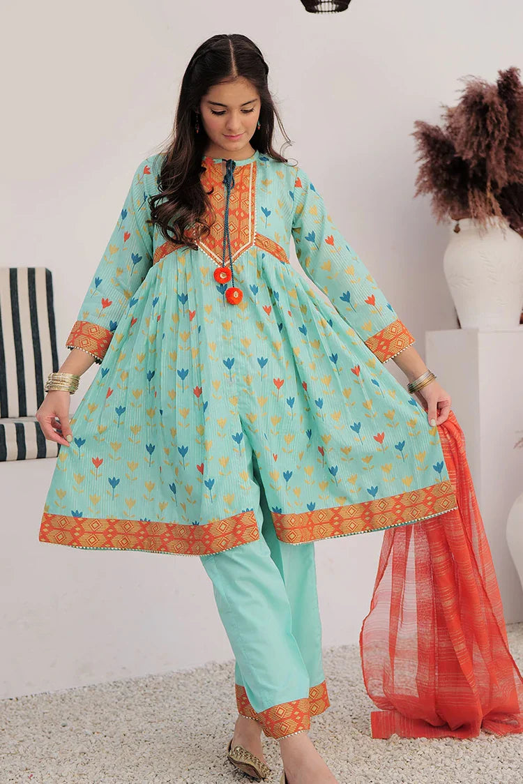 Picture of <!--aoh-->GBD-03003 | Sea Green & Muliticolor | Casual Plus 3 Piece Suit | Cotton Dobby Dye over Gold Print - Available at Raja Sahib