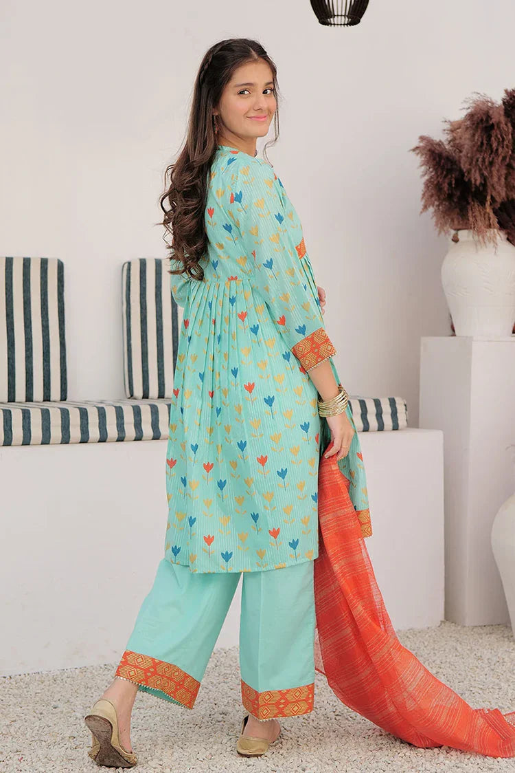 Picture of <!--aoh-->GBD-03003 | Sea Green & Muliticolor | Casual Plus 3 Piece Suit | Cotton Dobby Dye over Gold Print - Available at Raja Sahib