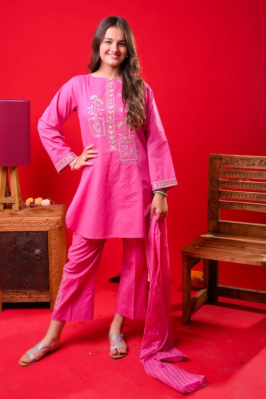 Senorita - Girls Casual Dress - Casual Plus 3 Piece Suit  - Cotton Self Dobby - GBD-03372