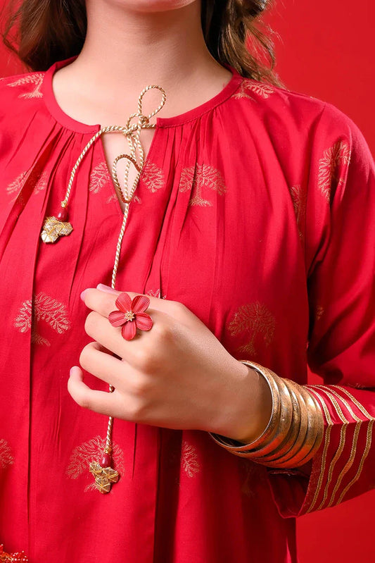 Senorita - Girls Eid Dress - Red & Gold - Casual Plus 3 Piece Suit  - GBD-03374