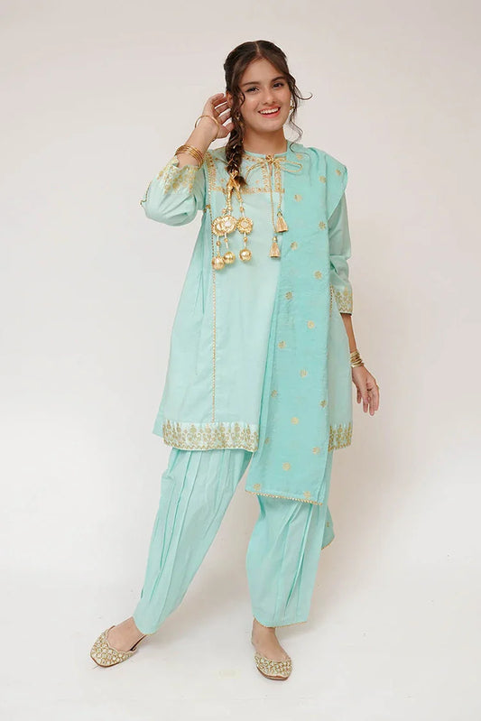 Senorita - Girls Casual Dress - Casual Plus 3 Piece Suit  - Cotton Plain with Banarsi Borders - GBD-03444