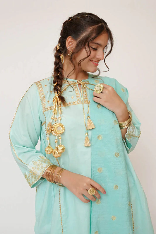 Senorita - Girls Casual Dress - Casual Plus 3 Piece Suit  - Cotton Plain with Banarsi Borders - GBD-03444