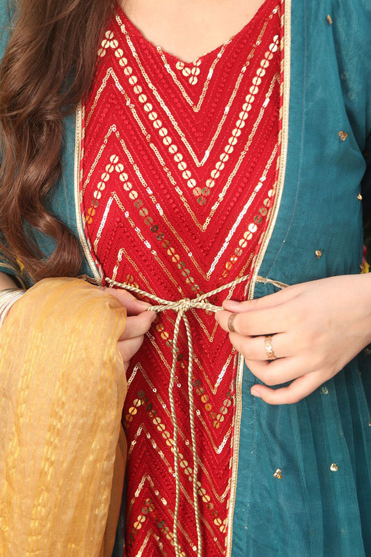 Senorita - GDD-01827 | Maroon & Golden | Formal 3 Piece Suit | Pure Banarsi Organza & Viscose