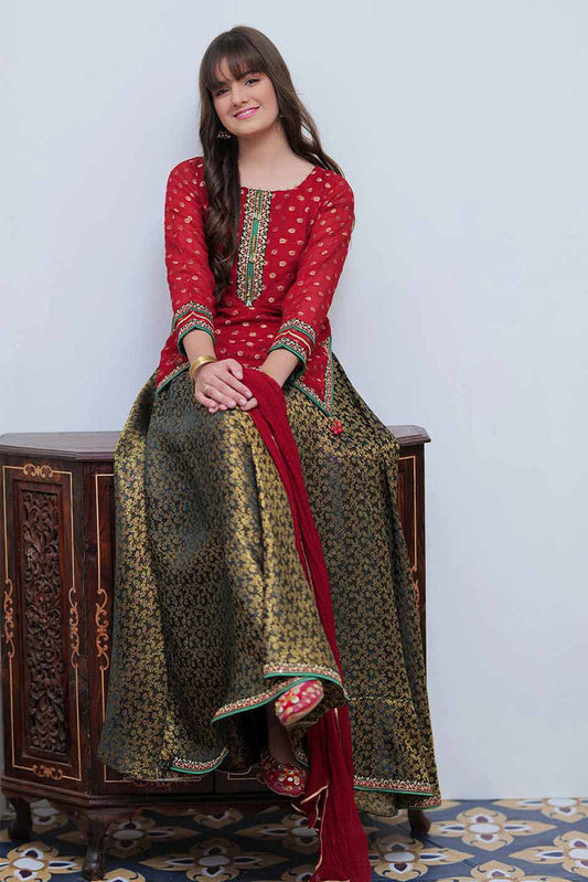 Senorita - GDD-02099 | Maroon & Black | Formal 3 Piece Suit | Banarsi Khaddi Jacquard
