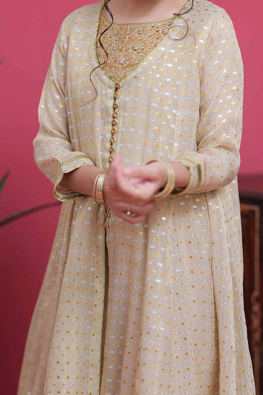 Senorita - GDD-02102 | Fawn & Golden Silver | Formal 3 Piece Suit | Banarsi Masuri Jacquard