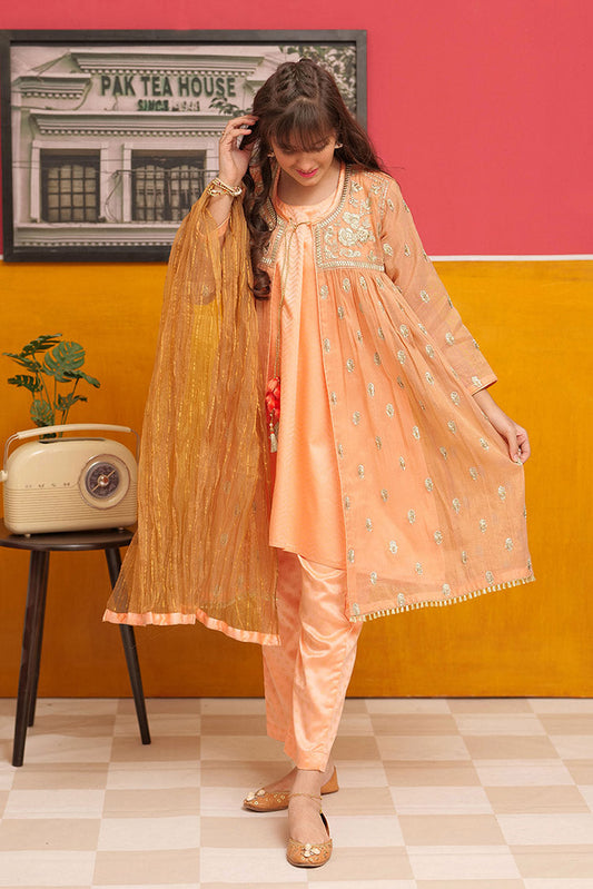 Senorita - GDD-02311 | Peach & Golden | Formal 3 Piece Suit | Banarsi Masuri Fabric