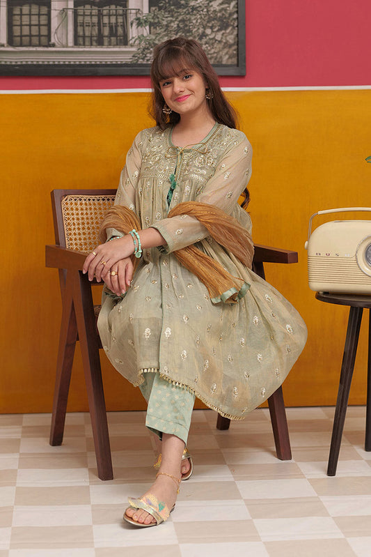 Senorita - GDD-02313 | Green & Golden | Casual 3 Piece Suit  | Banarsi Masuri Fabric