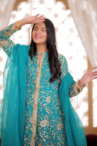 Picture of Senorita - GDD-02372 | Turquoise Green & Golden | Formal 3 Piece Suit  | Plain Organza Banarsi - Available at Raja Sahib