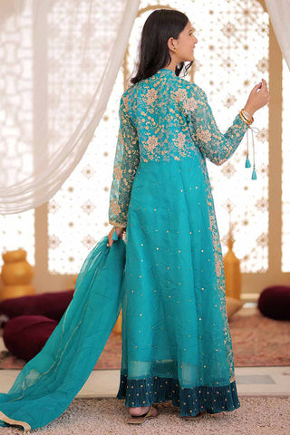 Senorita - GDD-02372 | Turquoise Green & Golden | Formal 3 Piece Suit  | Plain Organza Banarsi