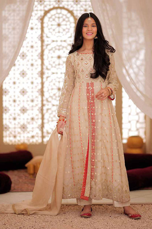 Senorita - GDD-02374 | Fawn & Golden | Formal 3 Piece Suit  | Organza Jacquard Crinkle Shafoon