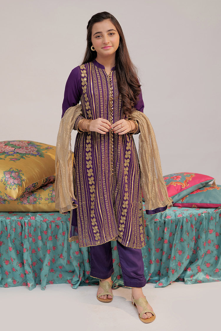 Picture of Senorita - GDD-02376 | Purple & Golden | Formal 3 Piece Suit | Viscose Chiffon - Available at Raja Sahib