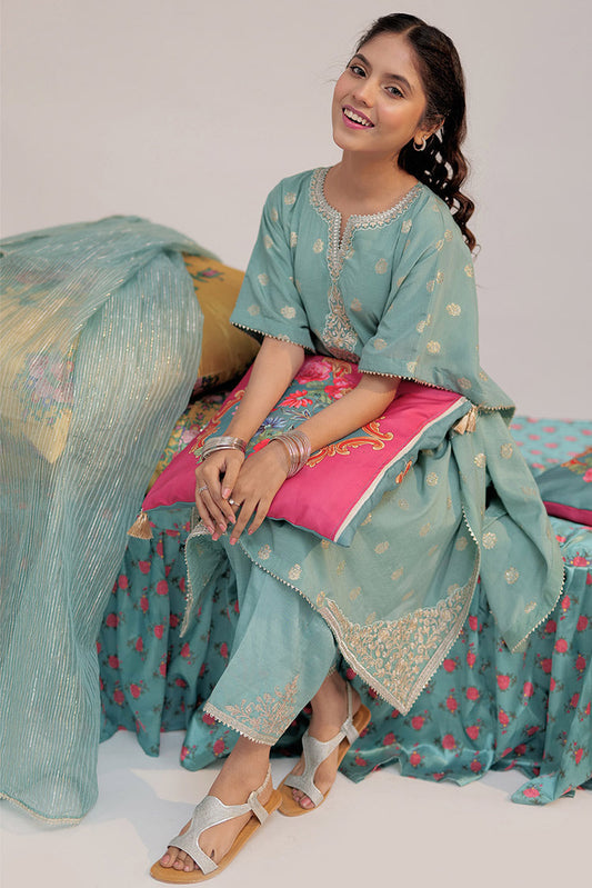 Senorita - GDD-02417 | Sea Green & Gold | Formal 3 Piece Suit | Polyester Chiffon