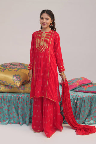 GDD-02429 | Red & Gold | Formal 3 Piece Suit | Banarsi Jacquard