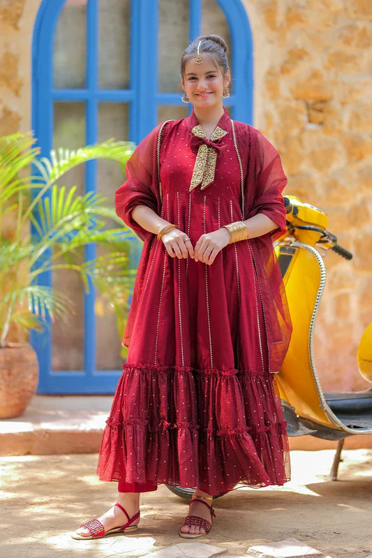 GDD-02810 | Maroon & Gold | Formal 3 Piece Suit | Viscose Chambray Katan