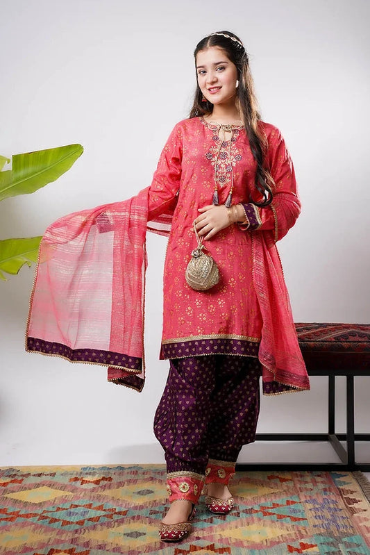 Senorita - Girls formal clothes - Peach & Magenta - Formal 3 Piece Suit  - GDD-03257