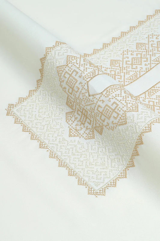 Fabrich - Men's Unstitch Cross-Stitch Embroidered Neckline Kameez Shalwar - Cream