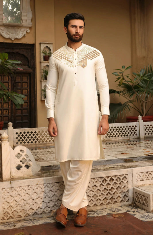 Fabrich - Men’s Cream Embroidered Kameez Shalwar – Monochrome Edit