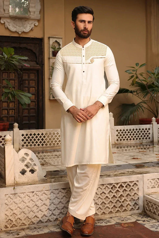 Fabrich - Men's Embroidered Kameez Shalwar - Cream