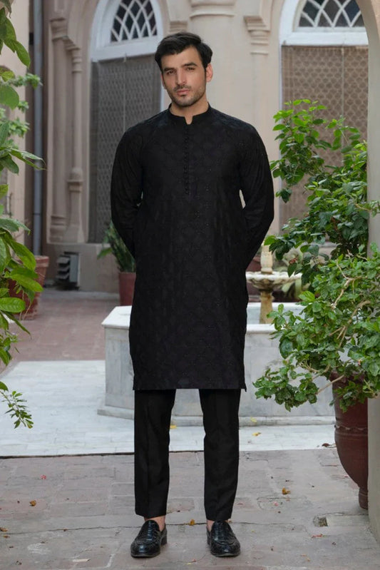 Fabrich - Mens Allover Embroidered Kameez Shalwar - Black