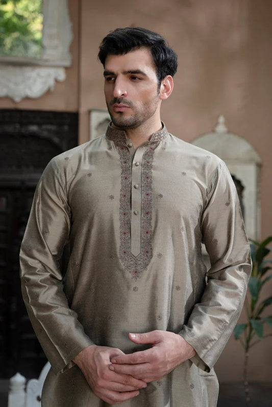 Fabrich - Mens Embroidered Kameez Shalwar - Ecru
