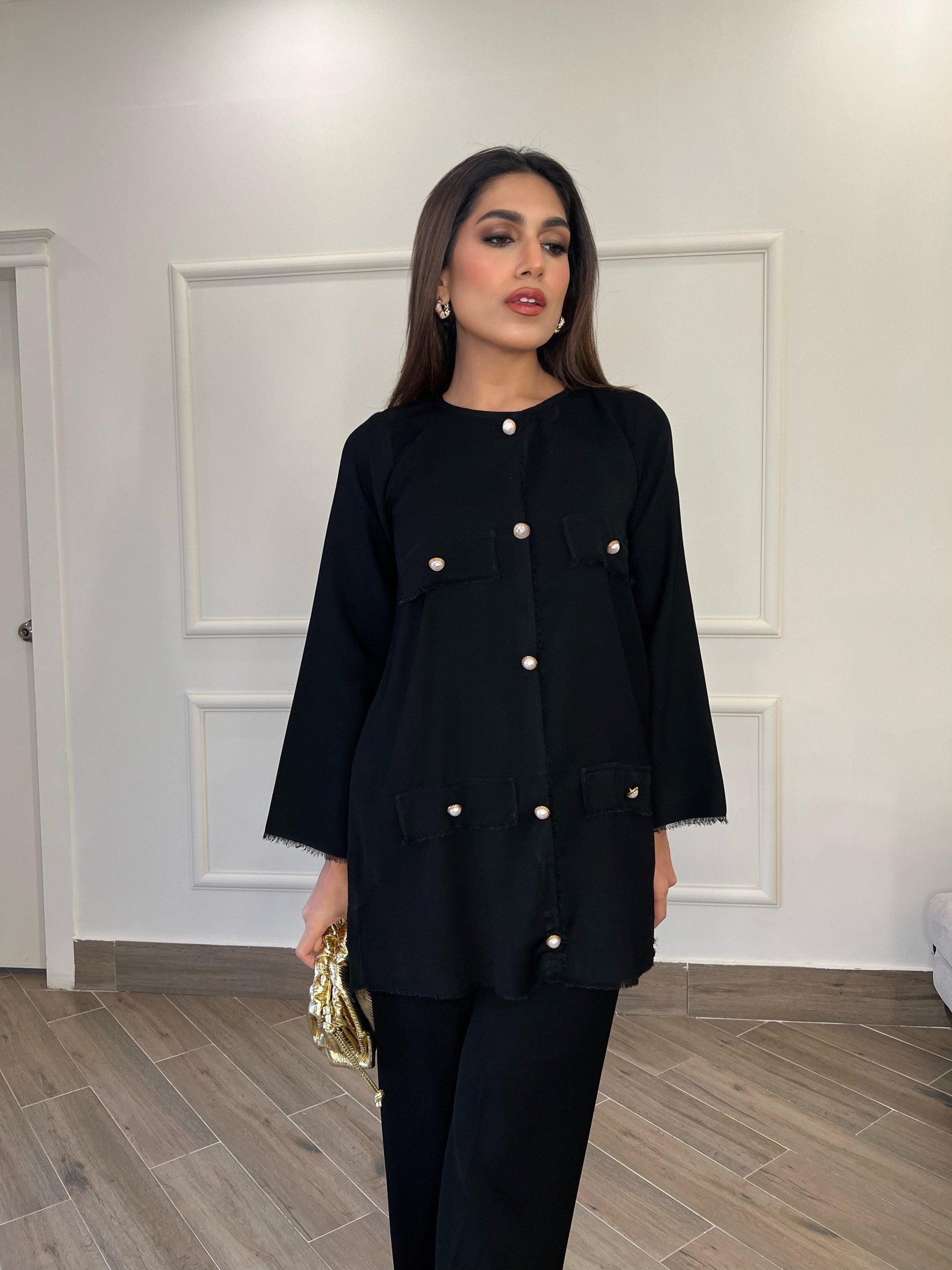 Picture of Manahils - Black Button Co-Ord Set - Available at Raja Sahib