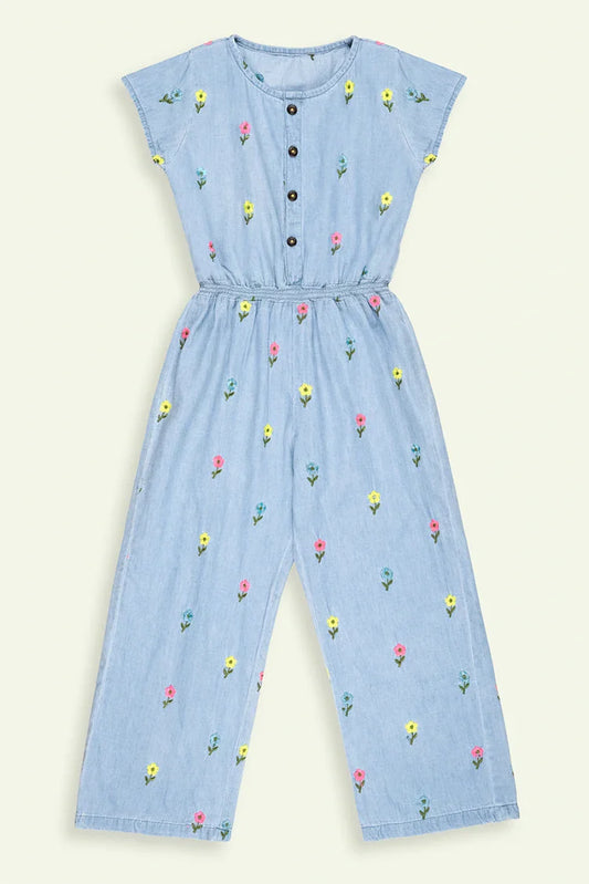 Ixample - Girls Floral Embroidered Denim Jumpsuit