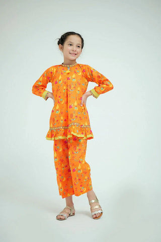 Picture of KAC-02577 | Orange & Multicolor | Casual 2 Piece Suit | Cotton Lawn Printed - by Raja Sahib Kids