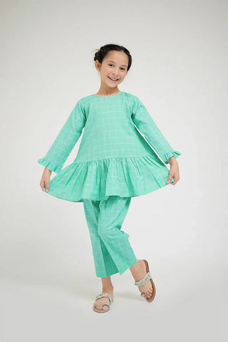 Picture of KAC-02641 | Sea Green | Casual 2 Piece Suit | Cotton Self Dobby Check - by Raja Sahib Kids