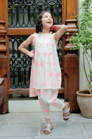 Picture of KAD-02580 | Beige & Neon | Casual Plus 3 Piece Suit | Cotton Jacquard Neon Shade - by Raja Sahib Kids