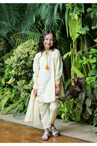 Picture of KAD-02582 | Beig & Neon | Casual Plus 3 Piece Suit | Cotton Jacquard Neon Shade - by Raja Sahib Kids