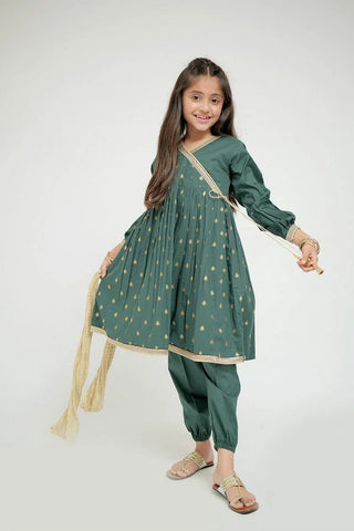 Picture of KAD-02632 | Bottle Green & Gold | Casual 3 Piece Suit | Cotton Plain Cambric - by Raja Sahib Kids