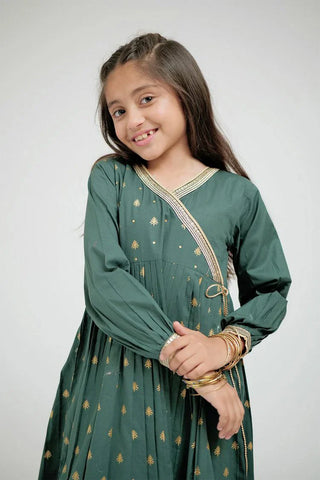 Picture of KAD-02632 | Bottle Green & Gold | Casual 3 Piece Suit | Cotton Plain Cambric - by Raja Sahib Kids