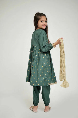 Picture of KAD-02632 | Bottle Green & Gold | Casual 3 Piece Suit | Cotton Plain Cambric - by Raja Sahib Kids