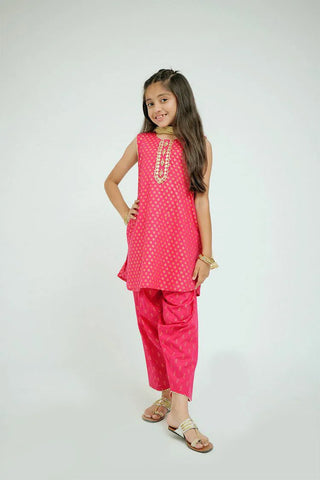 Picture of KAD-02633 | Shocking Pink & Gold | Casual 3 Piece Suit | Cotton Plain Cambric - by Raja Sahib Kids