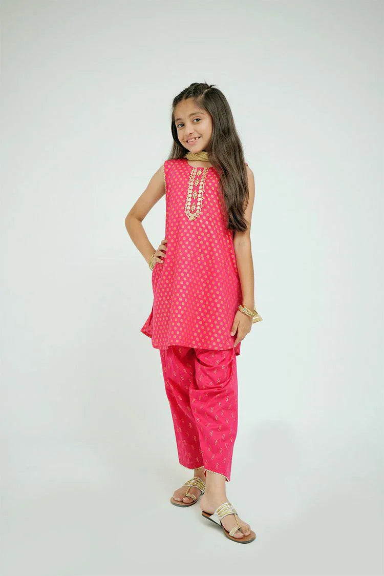 Picture of Senorita - KAD-02633 - Shocking Pink & Gold - Casual 3 Piece Suit - Cotton Plain Cambric - Available at Raja Sahib