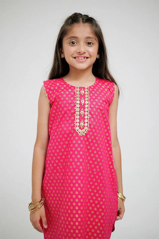 Picture of KAD-02633 | Shocking Pink & Gold | Casual 3 Piece Suit | Cotton Plain Cambric - by Raja Sahib Kids