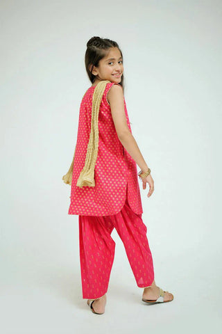 Picture of KAD-02633 | Shocking Pink & Gold | Casual 3 Piece Suit | Cotton Plain Cambric - by Raja Sahib Kids