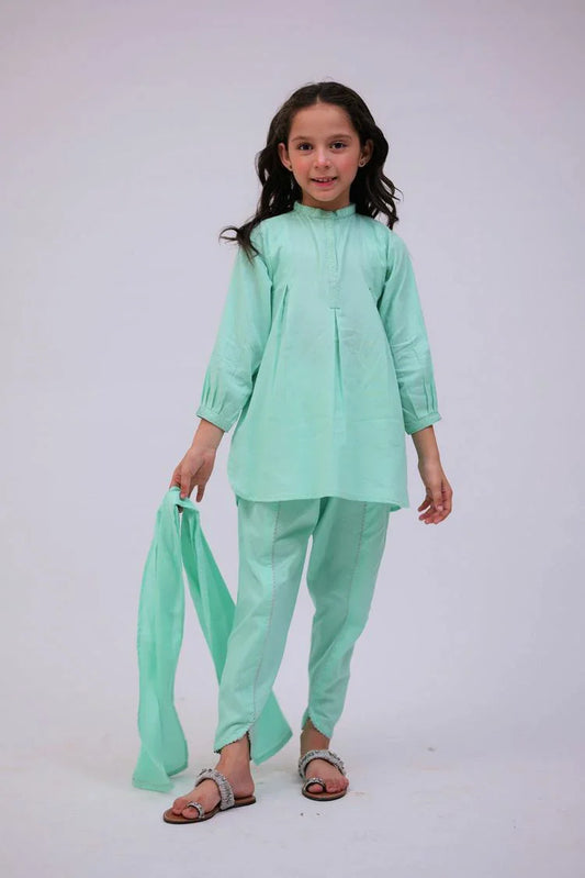 Picture of Senorita - KAD-02733 - Sea Green - Casual 3 Piece Suit - Cotton Self Dobby - Available at Raja Sahib