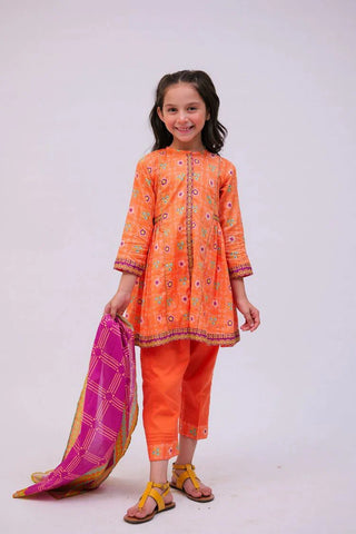 Picture of KAD-02747 | Orange & Multicolor | Casual 3 Piece Suit | Cotton Lawn Printed - by Raja Sahib Kids