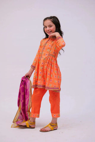 Picture of KAD-02747 | Orange & Multicolor | Casual 3 Piece Suit | Cotton Lawn Printed - by Raja Sahib Kids