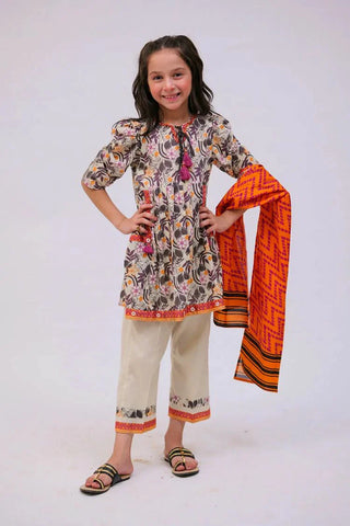 Picture of KAD-02785 | Fawn & Multicolor | Casual 3 Piece Suit | Cotton Lawn Printed - by Raja Sahib Kids